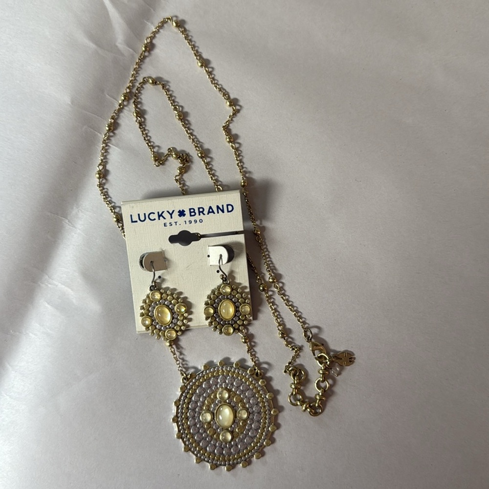 Lucky Brand Gold, Silver, and Cream Mandala Necklace and Earrings